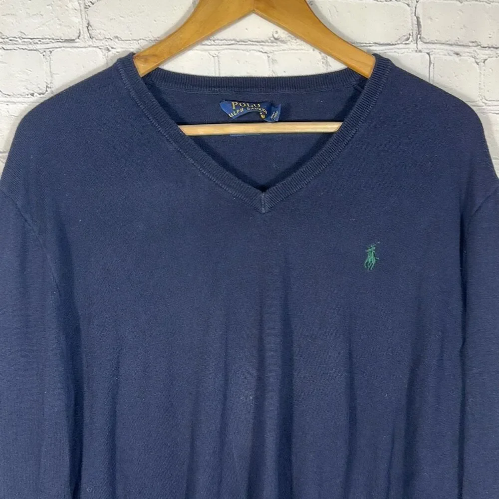 Polo Ralph Lauren Pima Cotton Mens  Vneck Sweater size L Large‎ Navy Blue